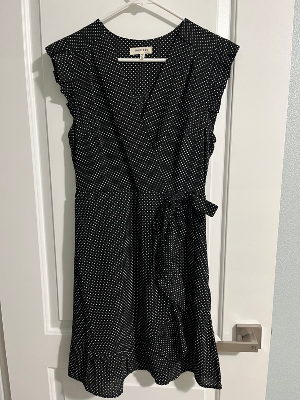 Monteau Black and White Polka Dot Wrap-Style Midi Dress